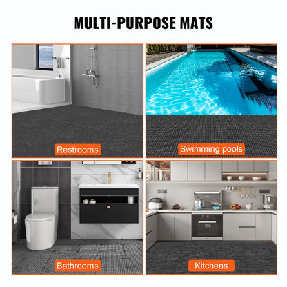 Modular Interlocking Cushion, 12 Pack 30 x 30 cm Splicing Drainage Mats, PVC Interlocking Drainage Floor Tiles, Non-Slip Drainage Holes for Restroom, Bathroom, Kitchen, Pool, Wet Area, Black