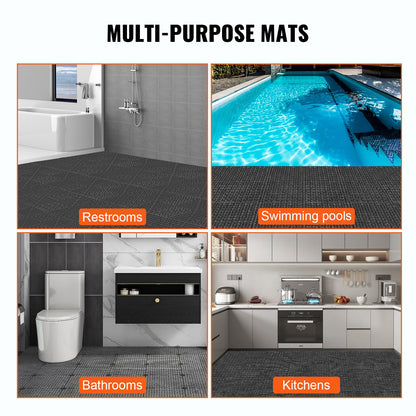 Modular Interlocking Cushion, 12 Pack 30 x 30 cm Splicing Drainage Mats, PVC Interlocking Drainage Floor Tiles, Non-Slip Drainage Holes for Restroom, Bathroom, Kitchen, Pool, Wet Area, Black