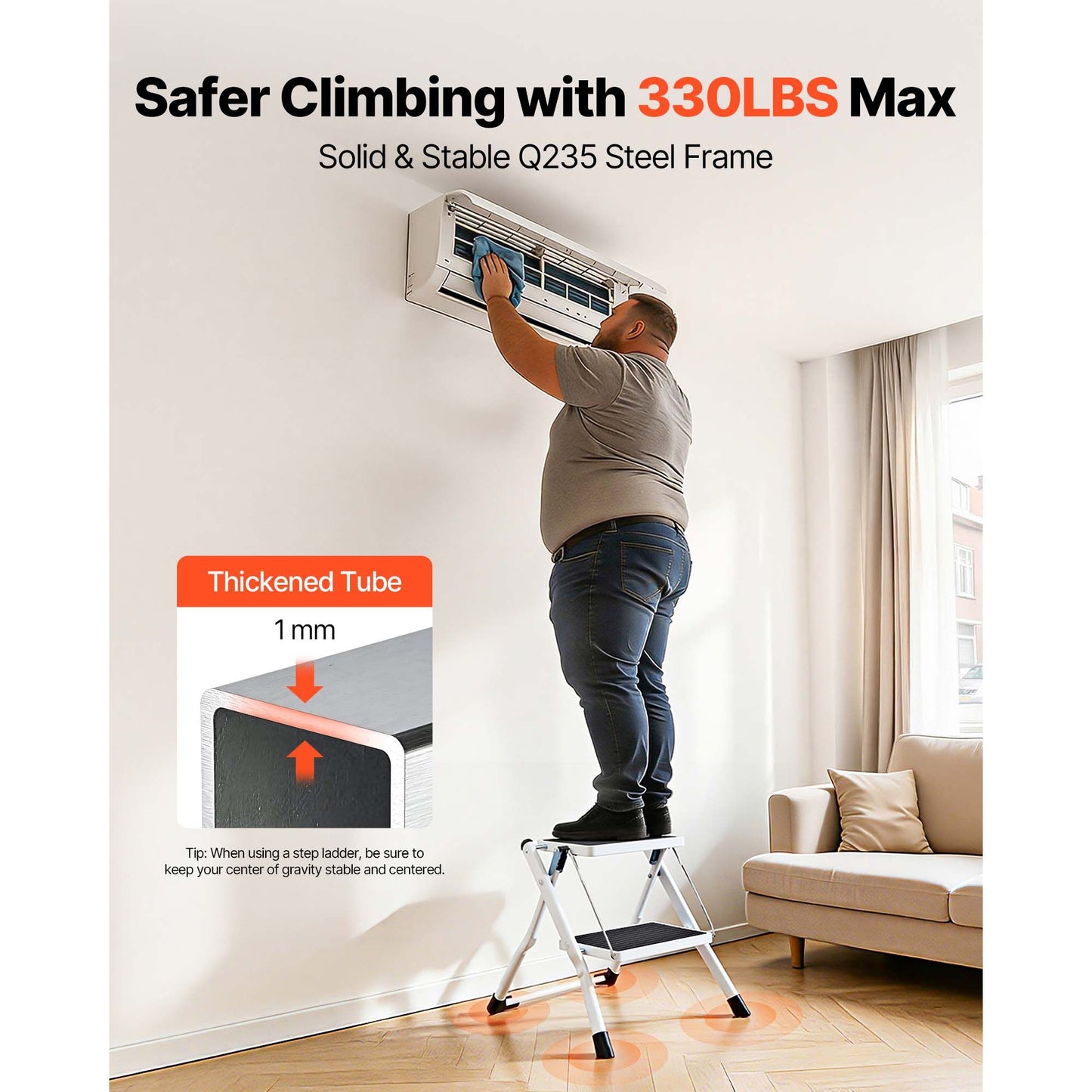 Step Ladder 2-Step 150kg Capacity, Ergonomic Folding Steel Step Stool with Wide Anti-Slip Pedal, Sturdy Step Stool for Adults Toddlers, Multi-Use for Household, Kitchen, Office, RVs