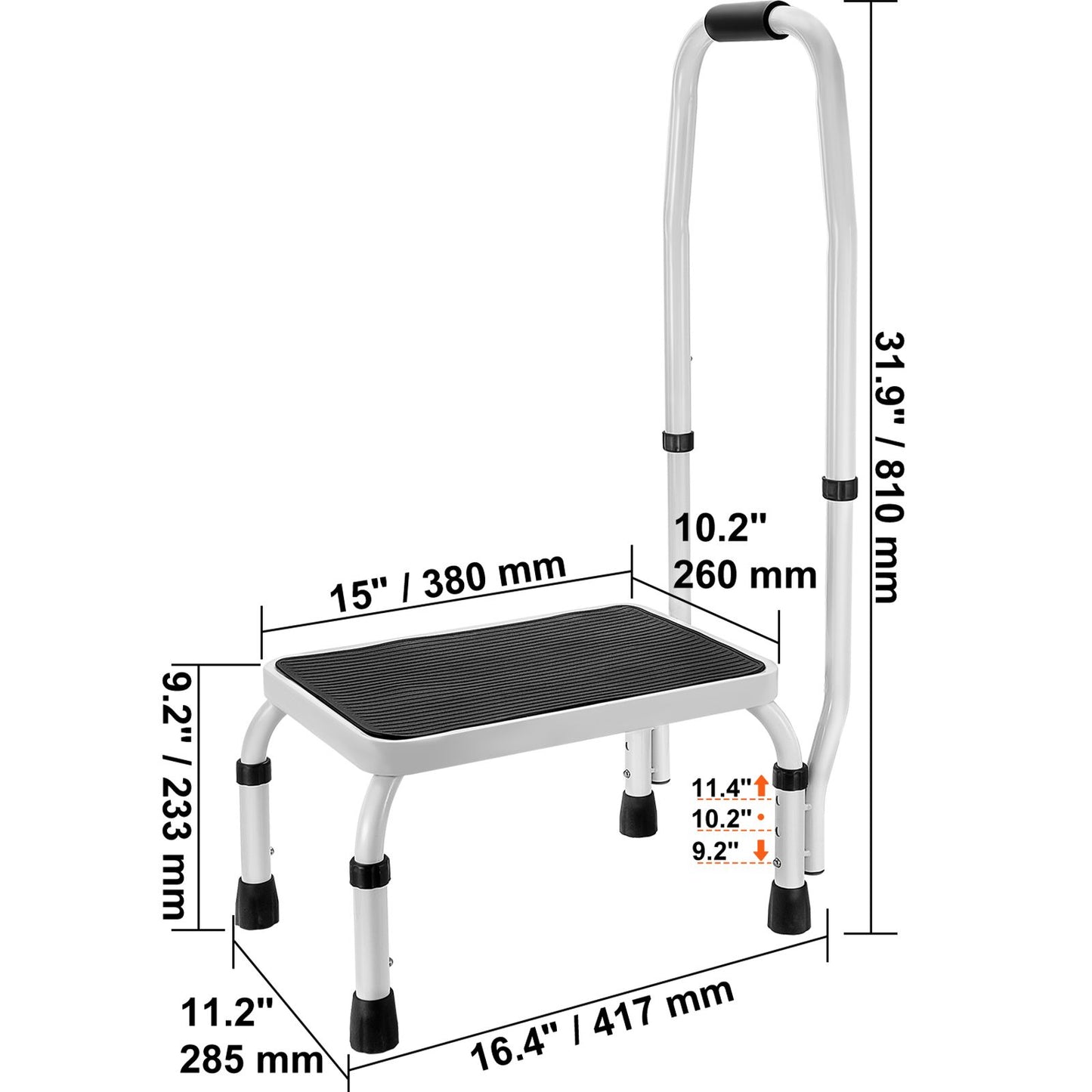 Step Stool 1-Step 150KG Capacity, 3 Adjustable Height with Handle Steel Step Ladder, Portable Toddler Step Stools for Adults, Non-Slip Sturdy Step Ladders for Office, RVs, Pets