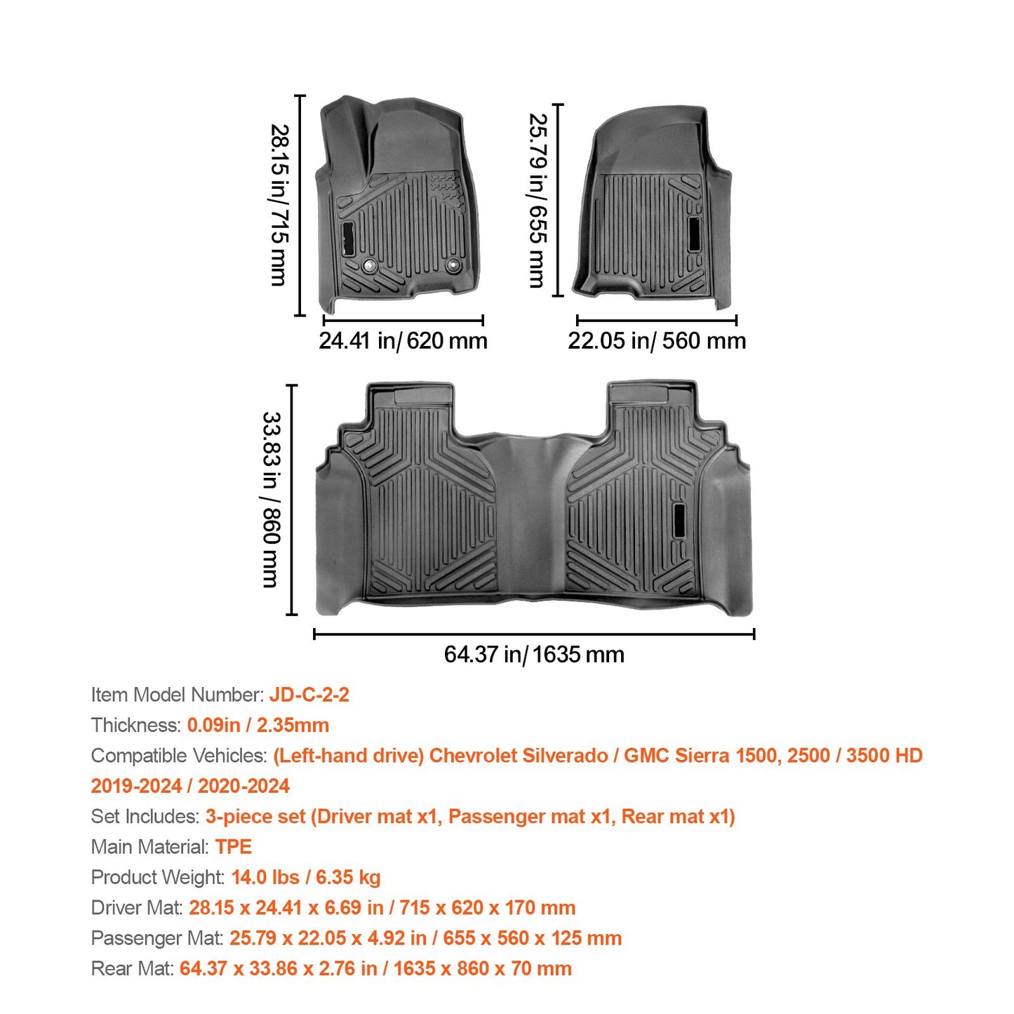 Automotive Floor Mats Fits for Chevrolet Silverado/GMC Sierra 1500 3 pcs