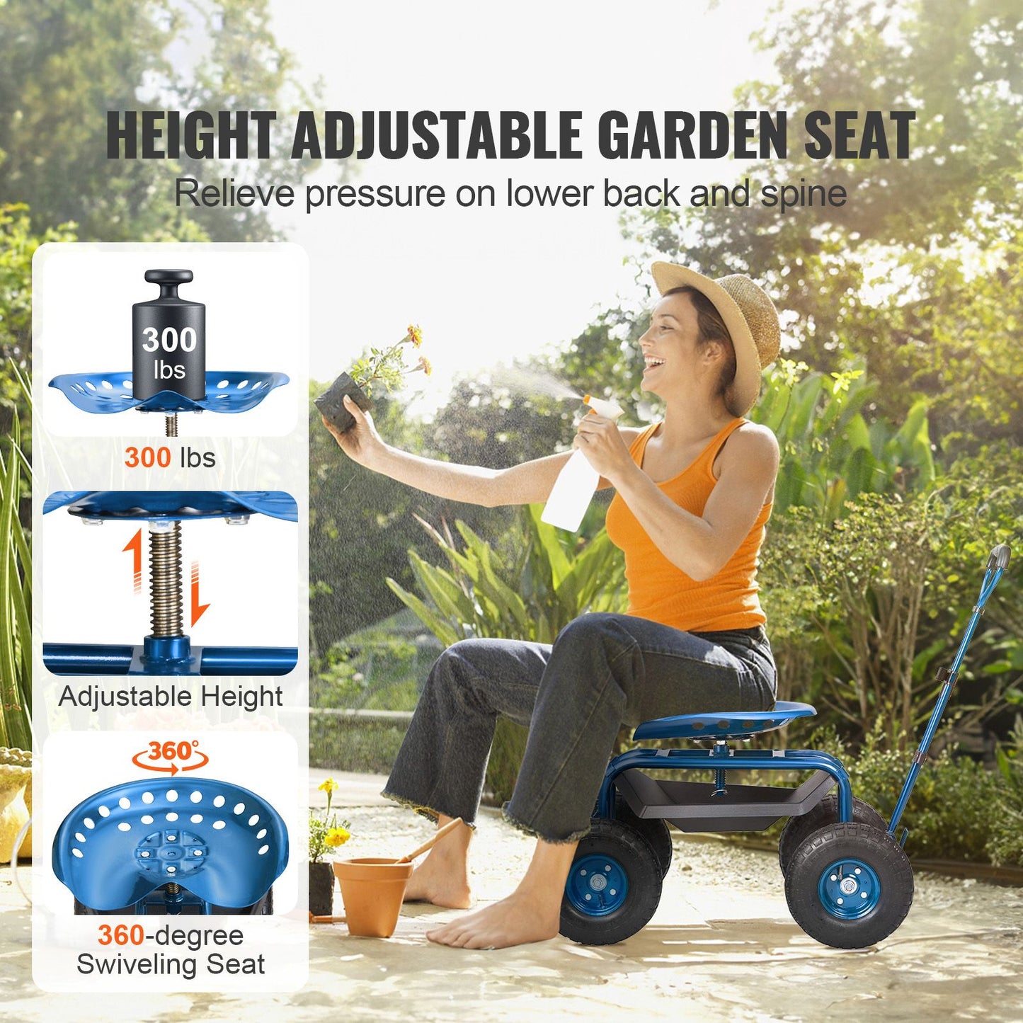 Rolling Garden Cart with Seat and Wheels Extendable Steer Handle Blue
