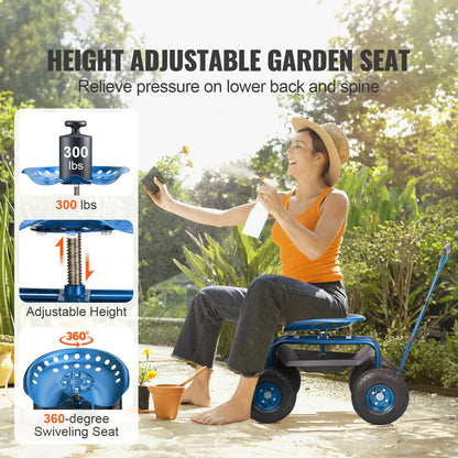 Rolling Garden Cart with Seat and Wheels Extendable Steer Handle Blue