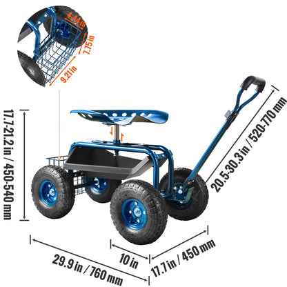 Rolling Garden Cart with Seat and Wheels Extendable Steer Handle Blue