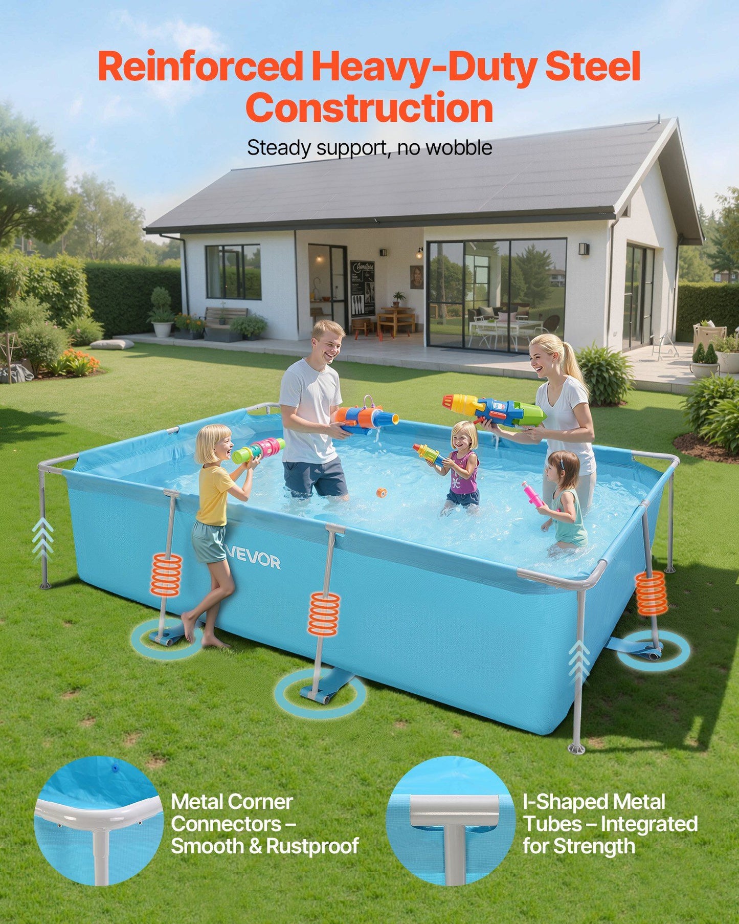 Frame Above Ground Swimming Pool, 3 x 2 x 0.762 m Rectangular Steel Metal Frame, Large Rectangle Outdoor Backyard Family Pool, Easy to Assemble Rust-Resistant, 3959.54 L Water Capacity, Blue