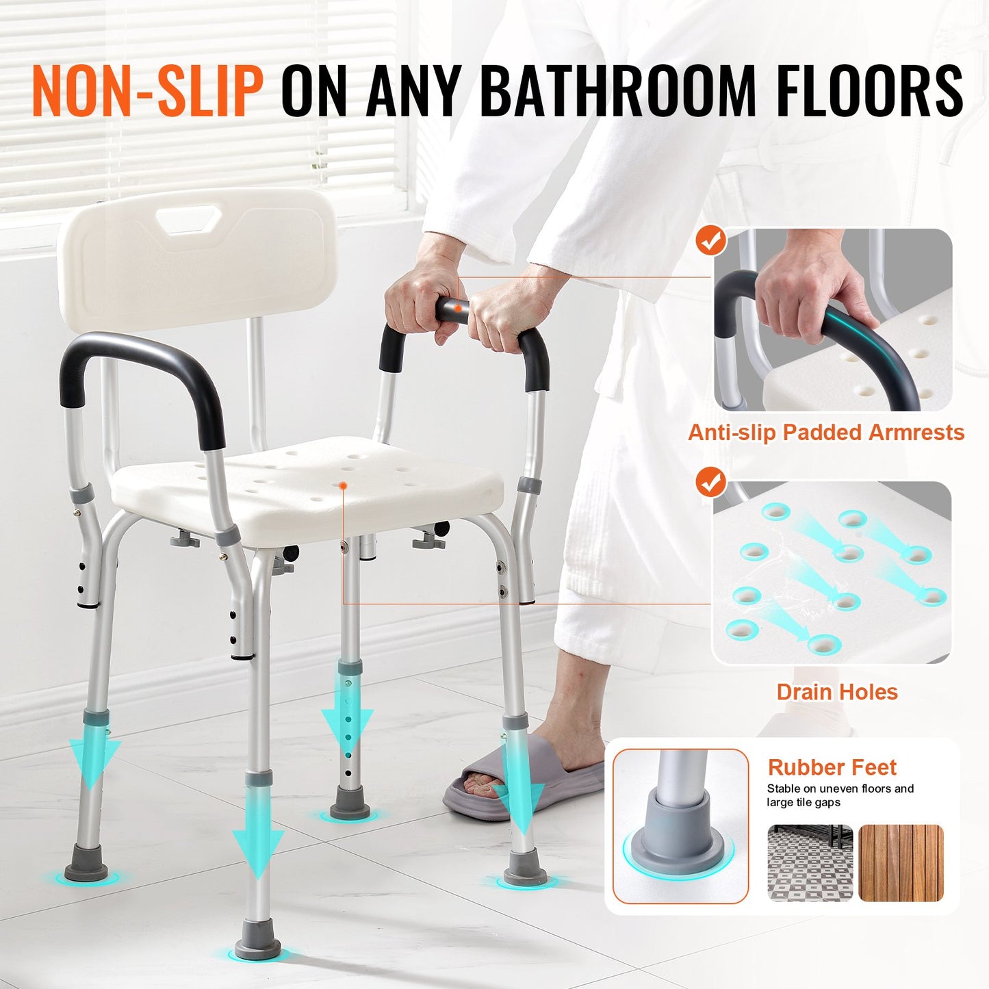 VEVOR Shower Chair, Shower Seat with Back, Adjustable Height Shower Stool, Shower Chair for Inside Shower Bathtub, Non-slip Bathroom Bench Bath Chair for Elderly Disabled Handicap, 158.8 kg Capacity