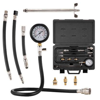 Compression Tester Adapter Kit, 9 Pcs Automotive Engine Cylinder Leak Down Compression Test, Accurate Dual Scale Pressure Gauge 0-300 psi, with Long Reach Hoses and Case for Engine Cylinders
