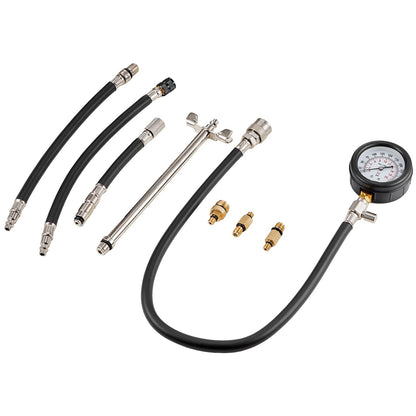 Compression Tester Adapter Kit, 9 Pcs Automotive Engine Cylinder Leak Down Compression Test, Accurate Dual Scale Pressure Gauge 0-300 psi, with Long Reach Hoses and Case for Engine Cylinders
