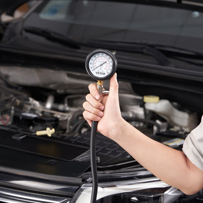 VEVOR Compression Tester Adapter Kit, 9 Pcs Automotive Engine Cylinder Leak Down Compression Test, Accurate Dual Scale Pressure Gauge 0-300 psi, with Long Reach Hoses and Case for Engine Cylinders