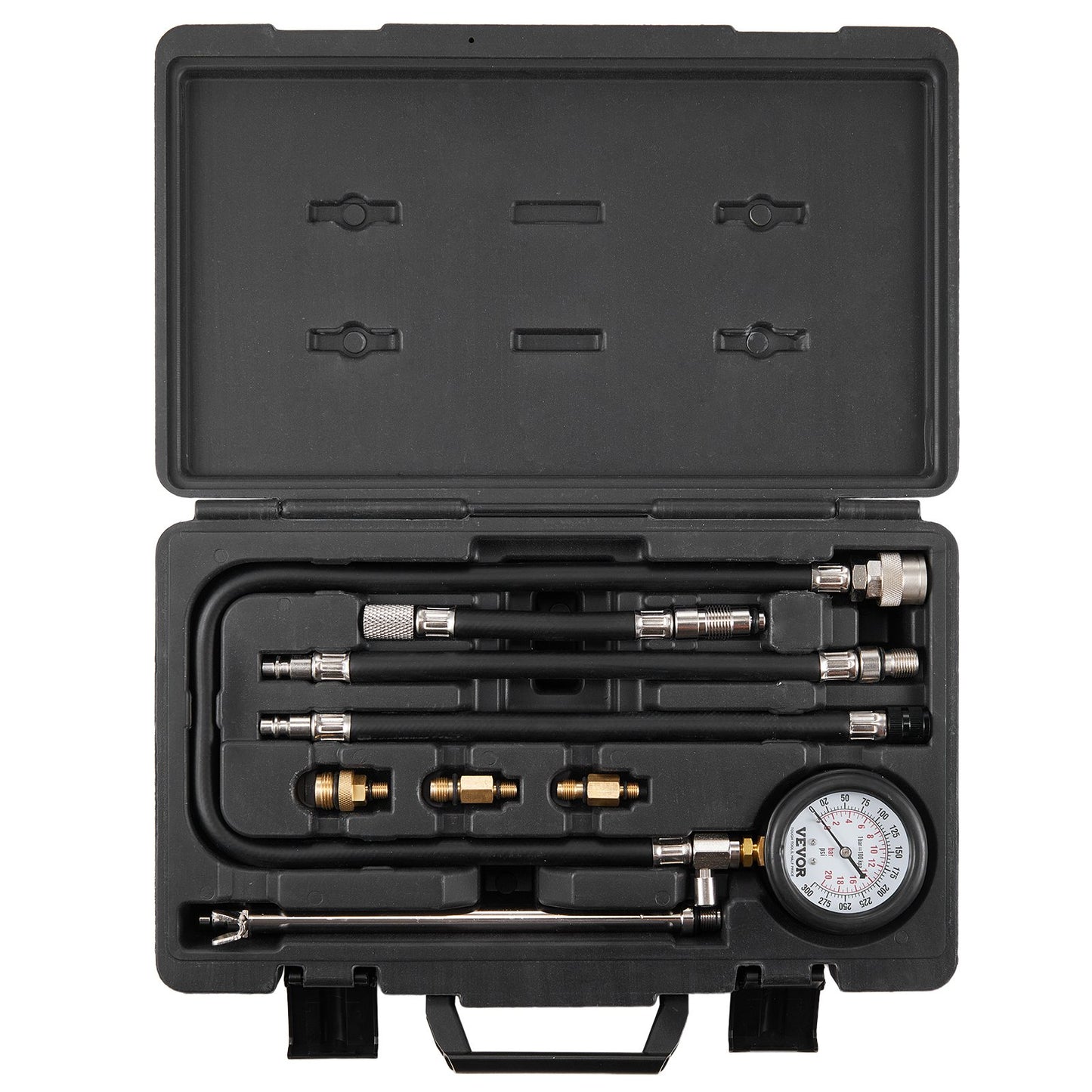 VEVOR Compression Tester Adapter Kit, 9 Pcs Automotive Engine Cylinder Leak Down Compression Test, Accurate Dual Scale Pressure Gauge 0-300 psi, with Long Reach Hoses and Case for Engine Cylinders
