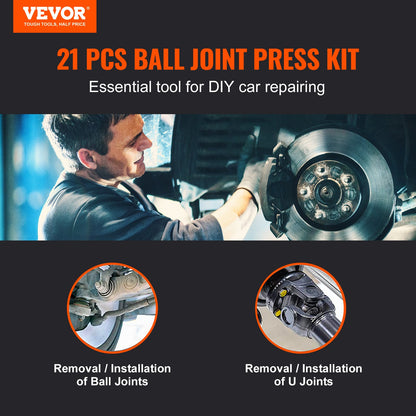 VEVOR Ball Joint Press Kit, 21 pcs Tool Kit, C-press Ball joint Remove and Install Tools, for Most 2WD and 4WD Cars, Heavy Duty Ball Joint Repair Kit for Automotive Repairing