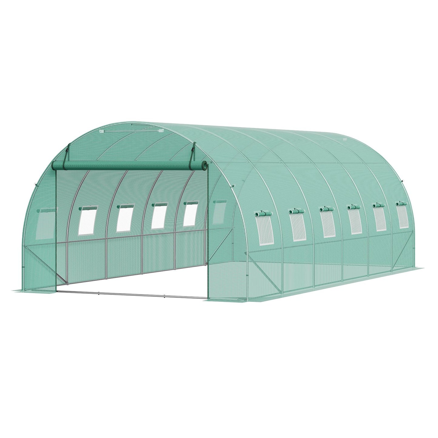 Walk-in Tunnel Greenhouse, 19.4x9.7x6.5 ft Hoop House Greenhouse Tunnel, Plant Hot House with Galvanized Steel Frame, Green PE Cover, Roll-up Zipper Door and 12 Windows for Outdoor