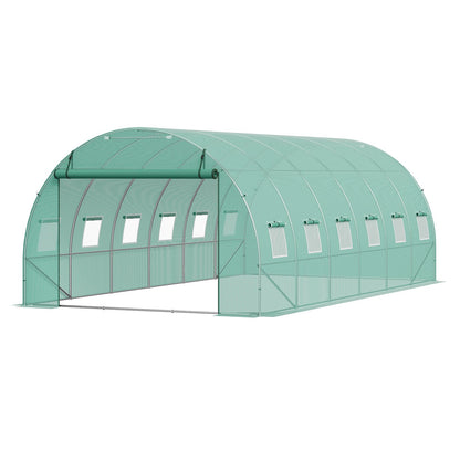 Walk-in Tunnel Greenhouse, 19.4x9.7x6.5 ft Hoop House Greenhouse Tunnel, Plant Hot House with Galvanized Steel Frame, Green PE Cover, Roll-up Zipper Door and 12 Windows for Outdoor