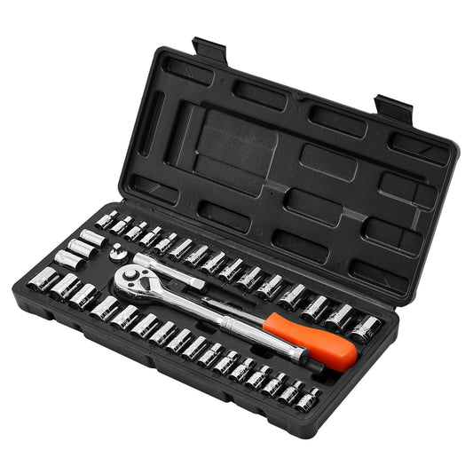 Socket Set, 39 Pieces, 9.5 & 6.4 mm Drive Socket and Ratchet Set, SAE and Metric Size, Mechanic Tool Kit with Ratchet Wrench, Accessories, Storage Case, CR-V Alloy Steel, for Automotive Repair
