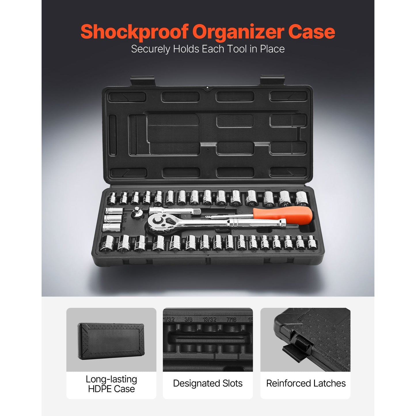 Socket Set, 39 Pieces, 9.5 & 6.4 mm Drive Socket and Ratchet Set, SAE and Metric Size, Mechanic Tool Kit with Ratchet Wrench, Accessories, Storage Case, CR-V Alloy Steel, for Automotive Repair