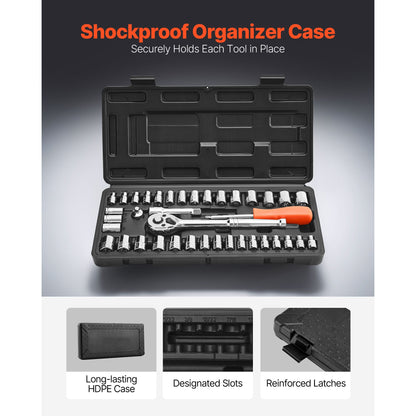 Socket Set, 39 Pieces, 9.5 & 6.4 mm Drive Socket and Ratchet Set, SAE and Metric Size, Mechanic Tool Kit with Ratchet Wrench, Accessories, Storage Case, CR-V Alloy Steel, for Automotive Repair