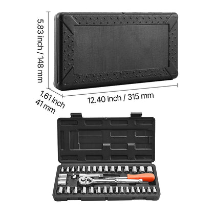 Socket Set, 39 Pieces, 9.5 & 6.4 mm Drive Socket and Ratchet Set, SAE and Metric Size, Mechanic Tool Kit with Ratchet Wrench, Accessories, Storage Case, CR-V Alloy Steel, for Automotive Repair