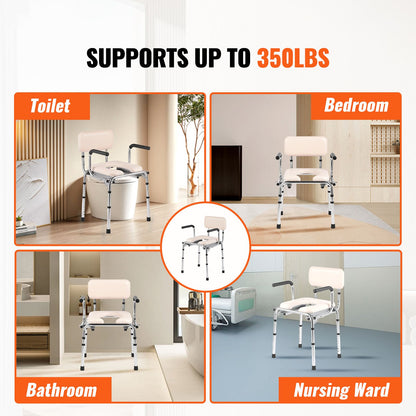 Commode Chair, Bedside Commode with Padded Seat, Drop-Down Arms, 7-Level Adjustable Height, 5.8L Removable Bucket, Easy to Assemble, 350LBS Capacity, Portable Toilet for Adults Seniors