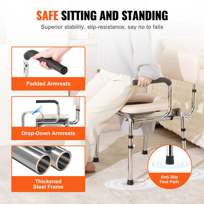 Commode Chair, Bedside Commode with Padded Seat, Drop-Down Arms, 7-Level Adjustable Height, 5.8L Removable Bucket, Easy to Assemble, 350LBS Capacity, Portable Toilet for Adults Seniors