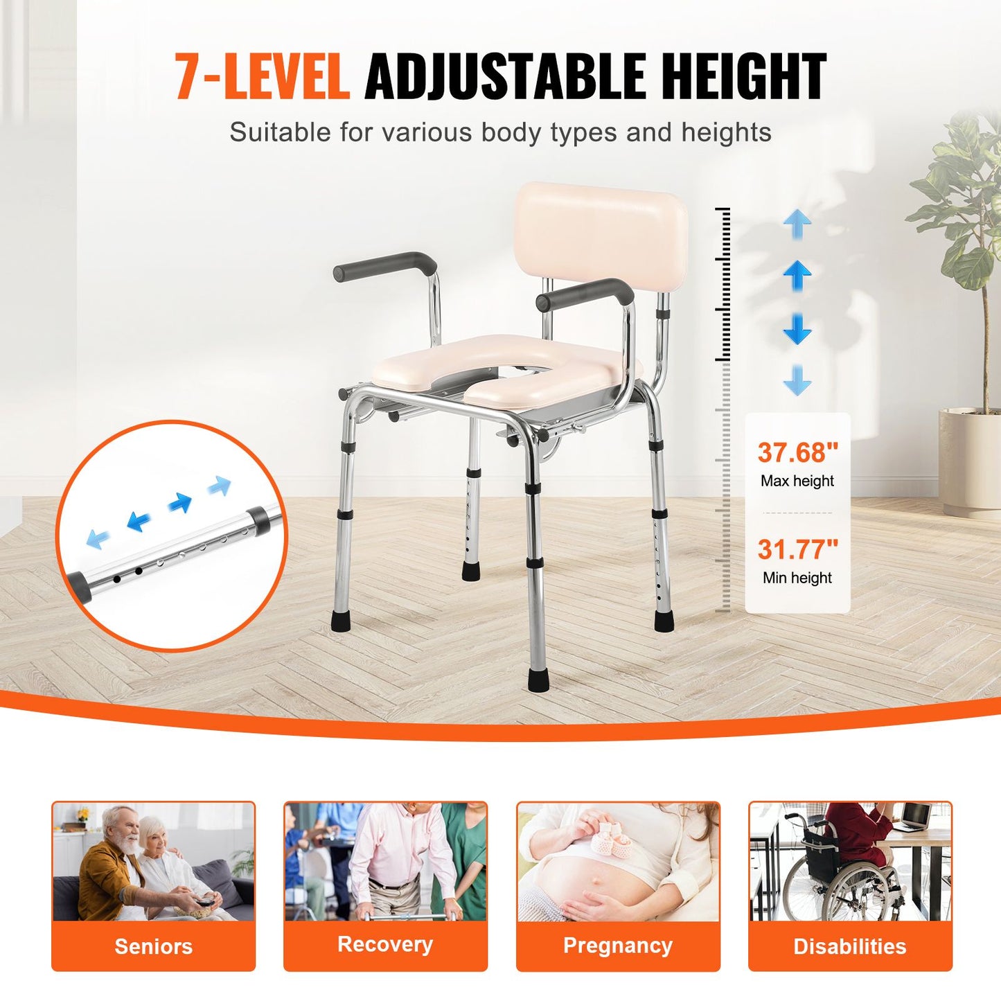 Commode Chair, Bedside Commode with Padded Seat, Drop-Down Arms, 7-Level Adjustable Height, 5.8L Removable Bucket, Easy to Assemble, 350LBS Capacity, Portable Toilet for Adults Seniors