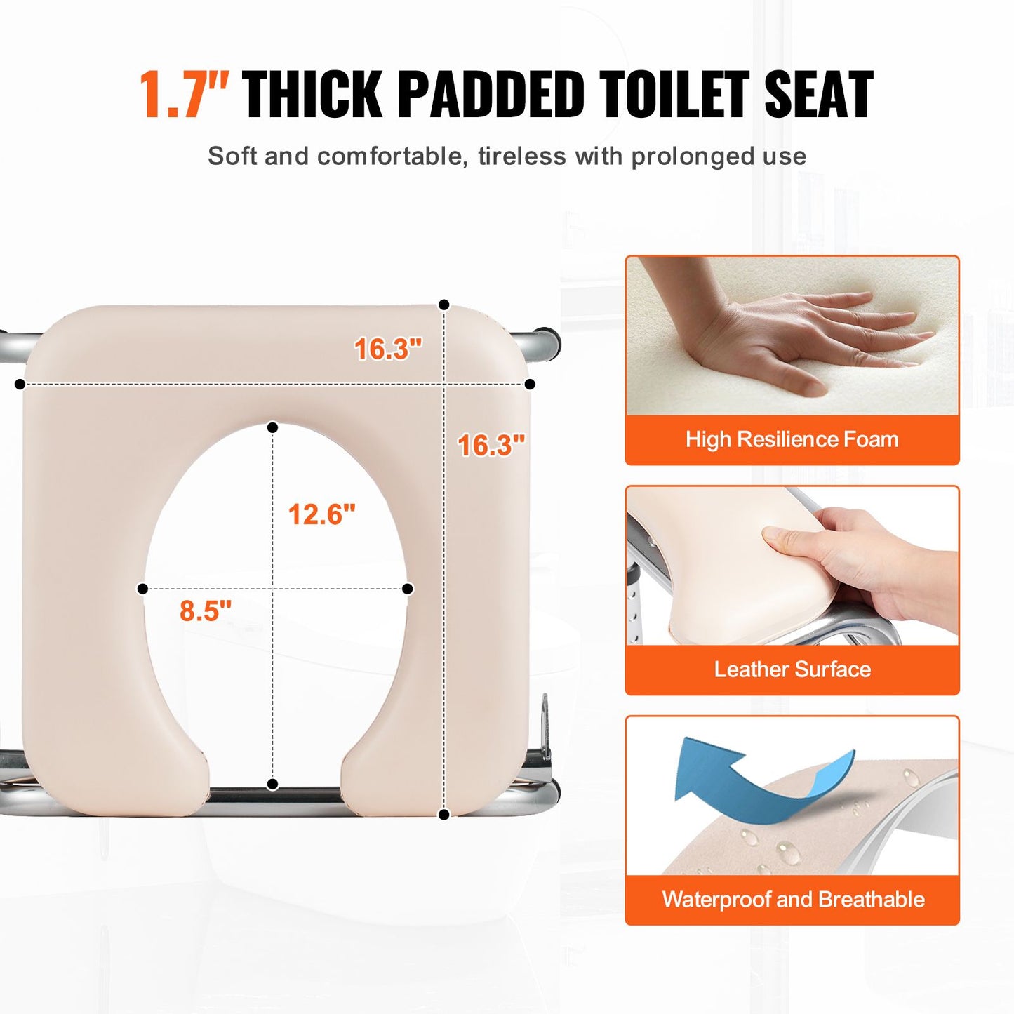 Commode Chair, Bedside Commode with Padded Seat, Drop-Down Arms, 7-Level Adjustable Height, 5.8L Removable Bucket, Easy to Assemble, 350LBS Capacity, Portable Toilet for Adults Seniors