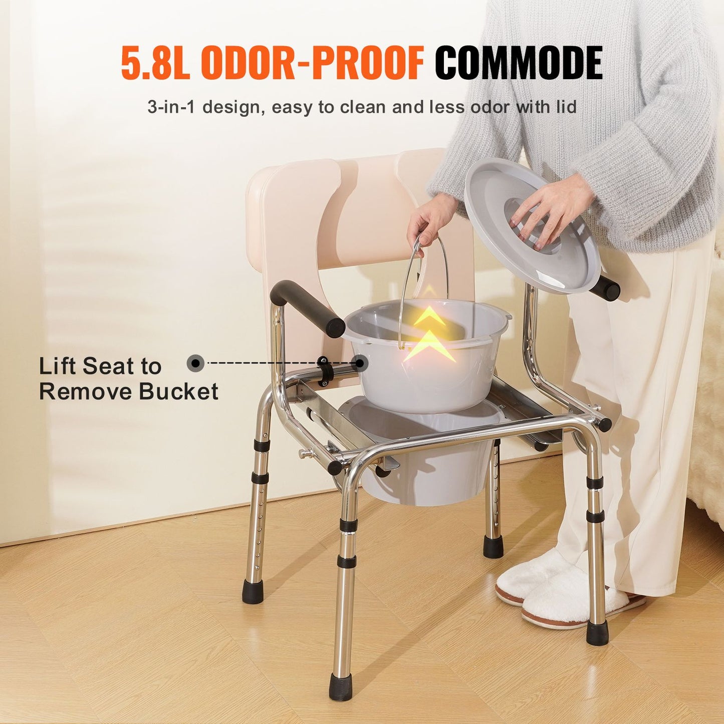 Commode Chair, Bedside Commode with Padded Seat, Drop-Down Arms, 7-Level Adjustable Height, 5.8L Removable Bucket, Easy to Assemble, 350LBS Capacity, Portable Toilet for Adults Seniors
