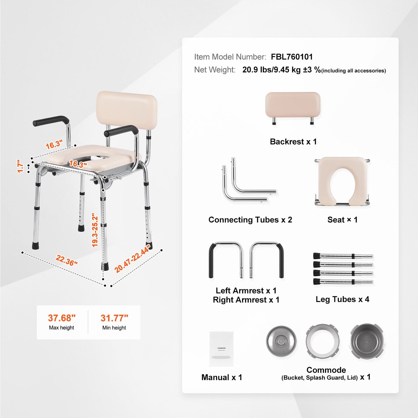 Commode Chair, Bedside Commode with Padded Seat, Drop-Down Arms, 7-Level Adjustable Height, 5.8L Removable Bucket, Easy to Assemble, 350LBS Capacity, Portable Toilet for Adults Seniors