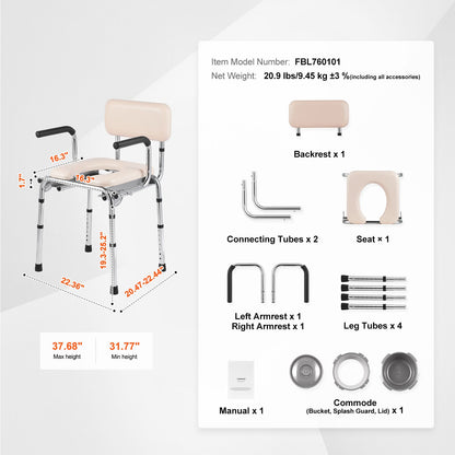 Commode Chair, Bedside Commode with Padded Seat, Drop-Down Arms, 7-Level Adjustable Height, 5.8L Removable Bucket, Easy to Assemble, 350LBS Capacity, Portable Toilet for Adults Seniors