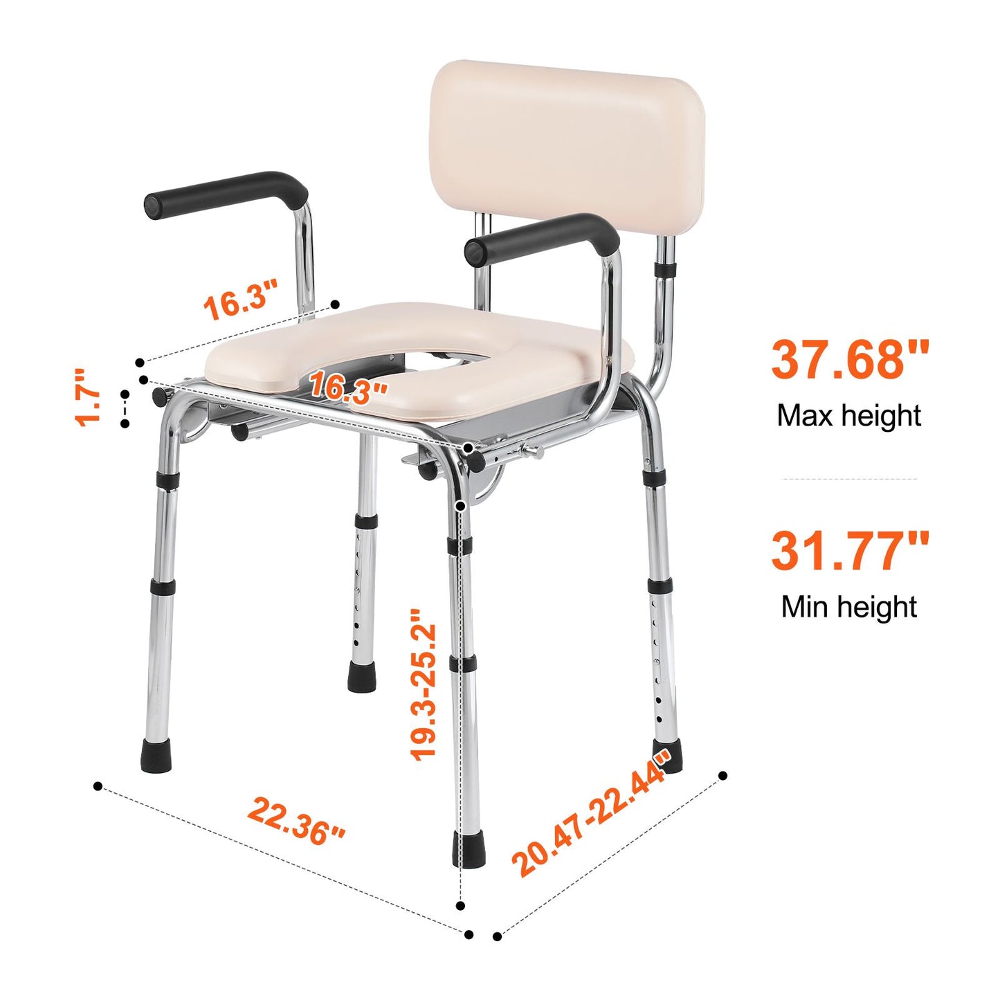 Commode Chair, Bedside Commode with Padded Seat, Drop-Down Arms, 7-Level Adjustable Height, 5.8L Removable Bucket, Easy to Assemble, 350LBS Capacity, Portable Toilet for Adults Seniors