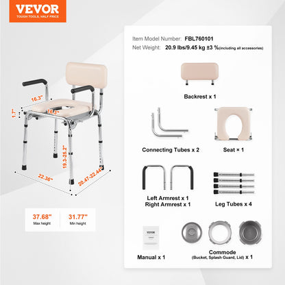 VEVOR Commode Chair, Bedside Commode with Padded Seat, Drop-Down Arms, 7-Level Adjustable Height, 5.8L Removable Bucket, Easy to Assemble, 350LBS Capacity, Portable Toilet for Adults Seniors