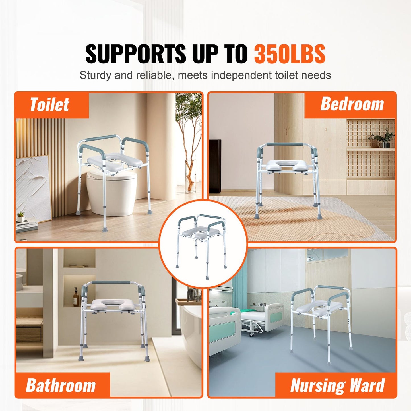 Commode Chair, Bedside Commode with Padded Seat and Arms, 7-Level Adjustable Height, 5.8L Removable Bucket, Easy to Assemble, 350 LBS Capacity, Raised Toilet Seat for Adults Seniors