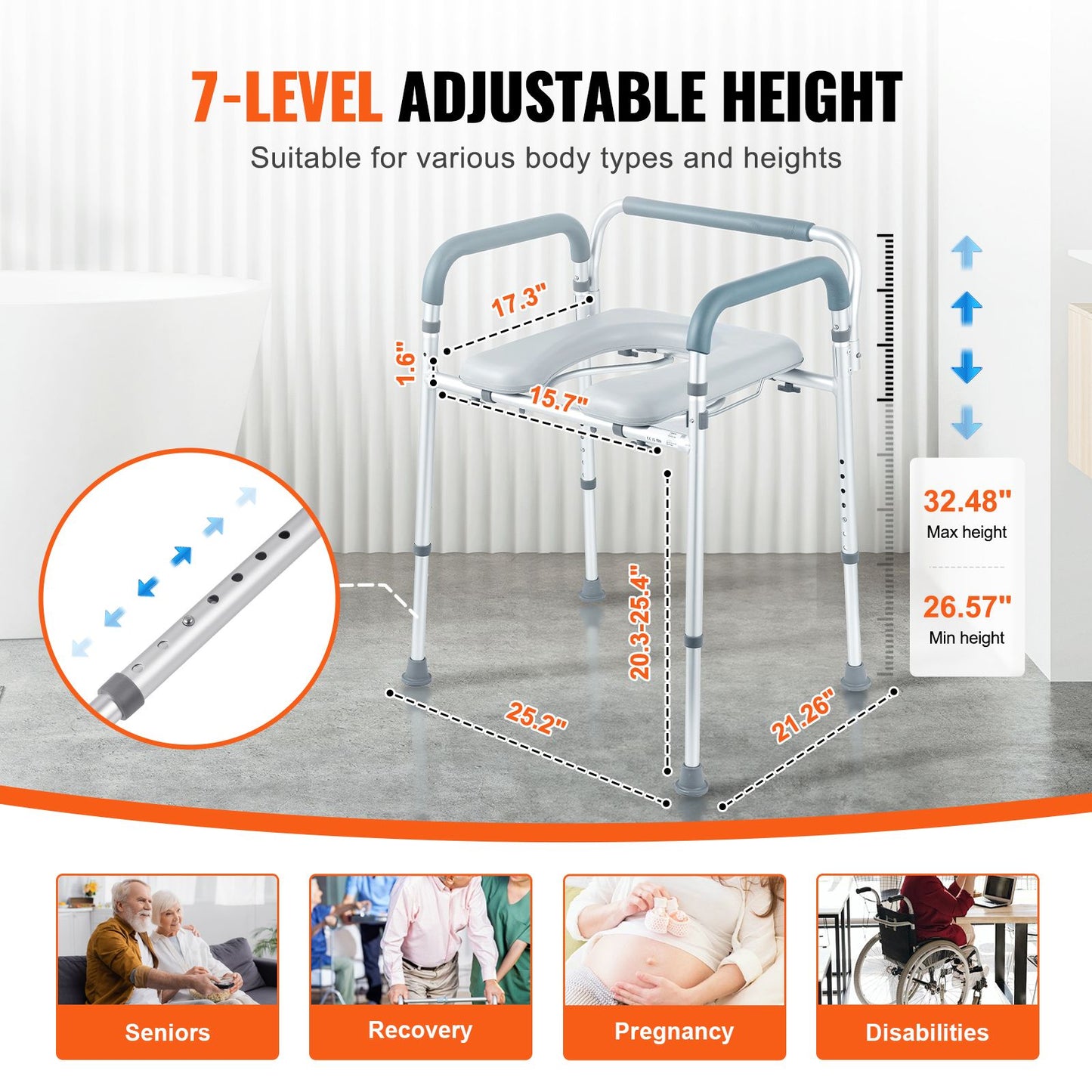 Commode Chair, Bedside Commode with Padded Seat and Arms, 7-Level Adjustable Height, 5.8L Removable Bucket, Easy to Assemble, 350 LBS Capacity, Raised Toilet Seat for Adults Seniors