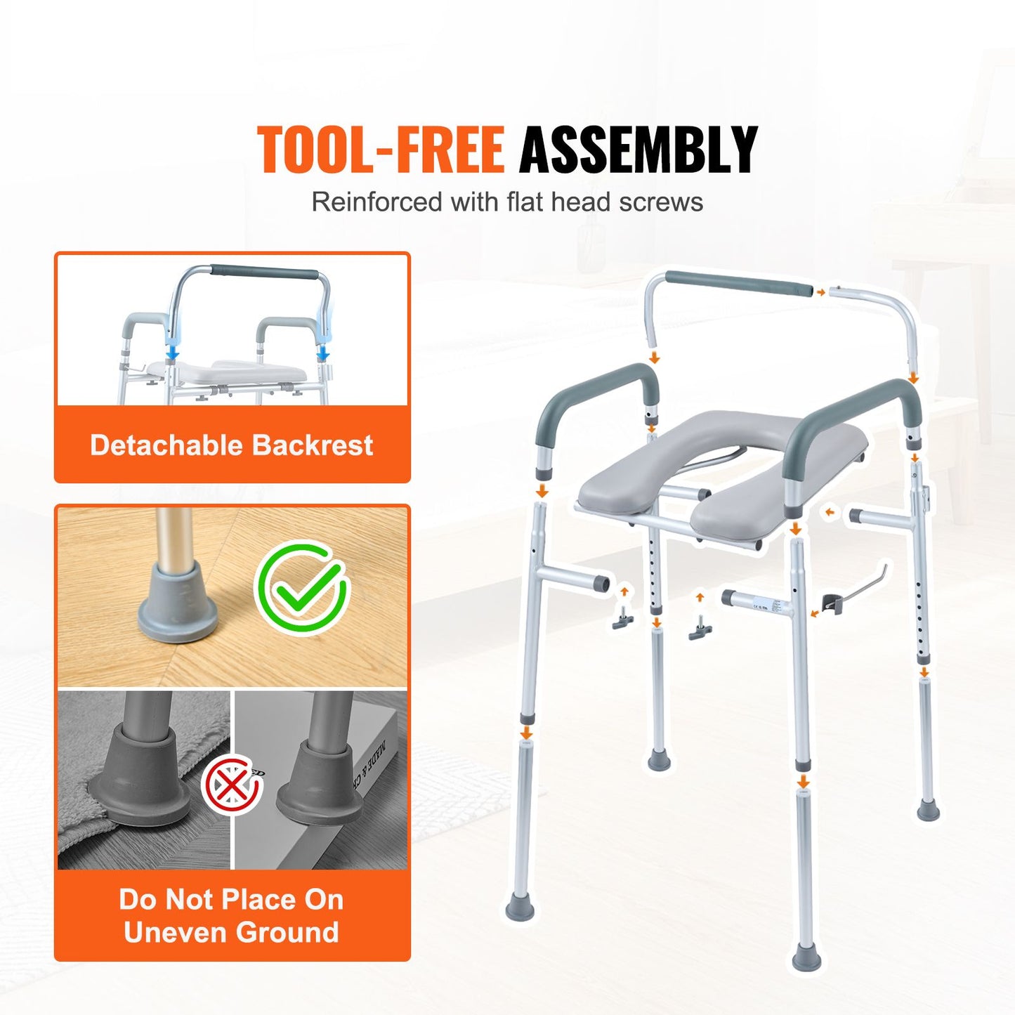 Commode Chair, Bedside Commode with Padded Seat and Arms, 7-Level Adjustable Height, 5.8L Removable Bucket, Easy to Assemble, 350 LBS Capacity, Raised Toilet Seat for Adults Seniors