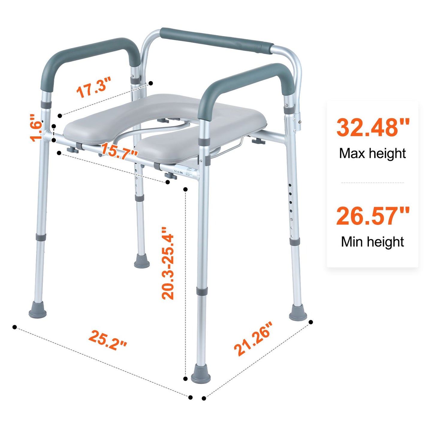 Commode Chair, Bedside Commode with Padded Seat and Arms, 7-Level Adjustable Height, 5.8L Removable Bucket, Easy to Assemble, 350 LBS Capacity, Raised Toilet Seat for Adults Seniors