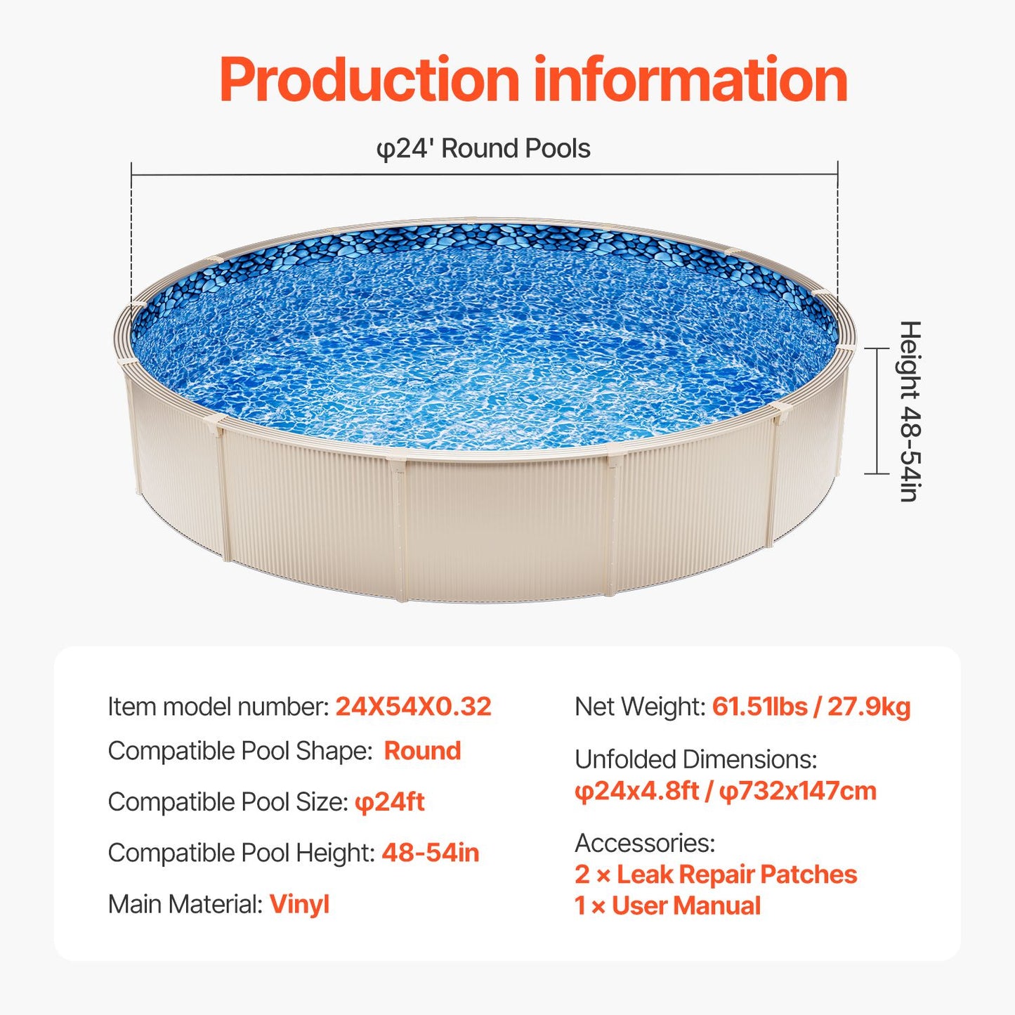 Round Pool Liner 24ft Overlap Style Pool Liner 54in Wall Height