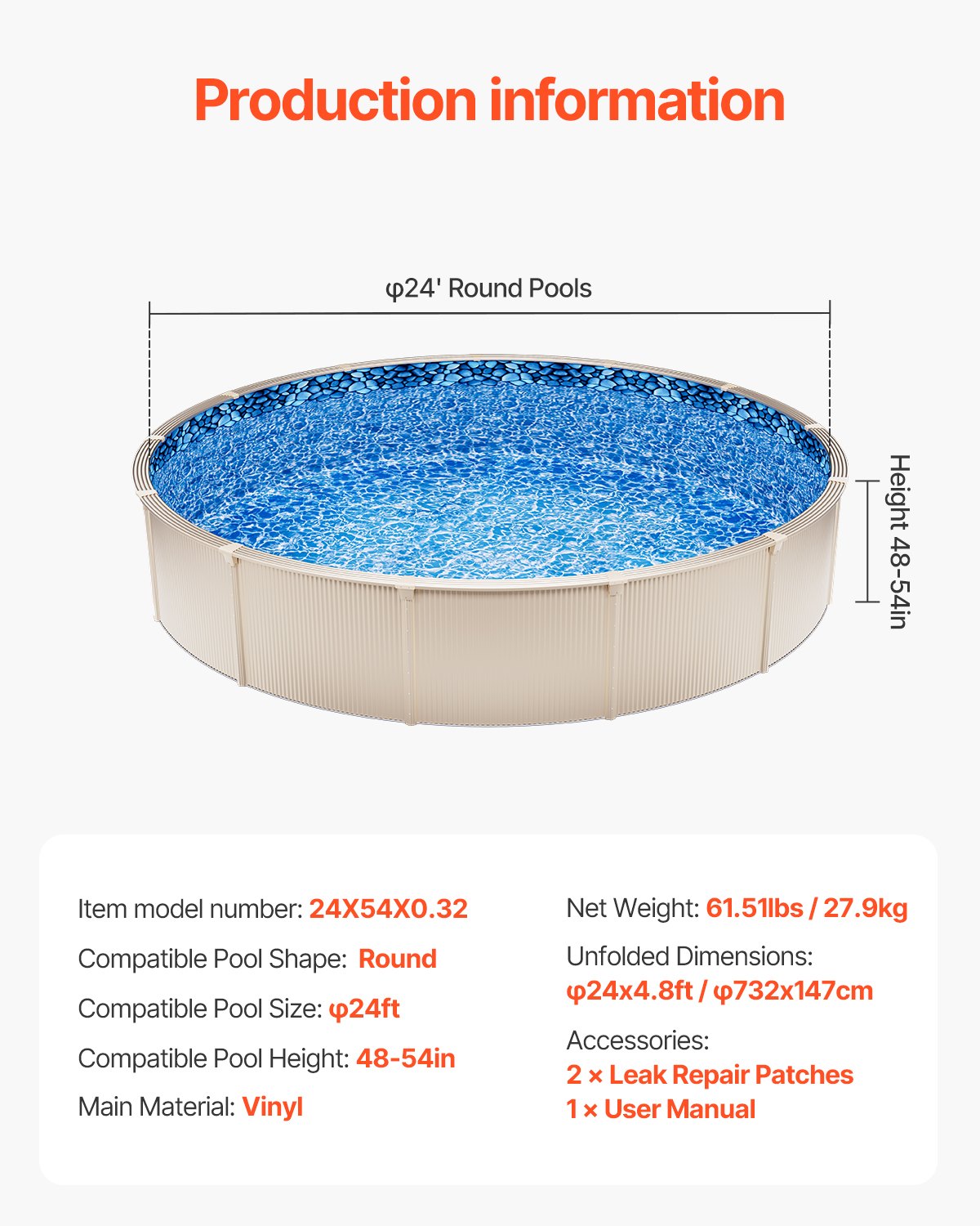 Round Pool Liner 24ft Overlap Style Pool Liner 54in Wall Height