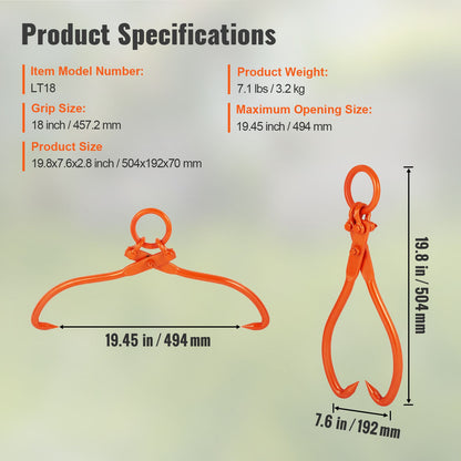 Log Skidding Tongs, 18 inch 2 Claw Log Lifting Tongs, Heavy Duty Steel Lumber Skidding Tongs, 772 lbs/350 kg Loading Capacity, Log Lifting, Handling, Dragging & Carrying Tool