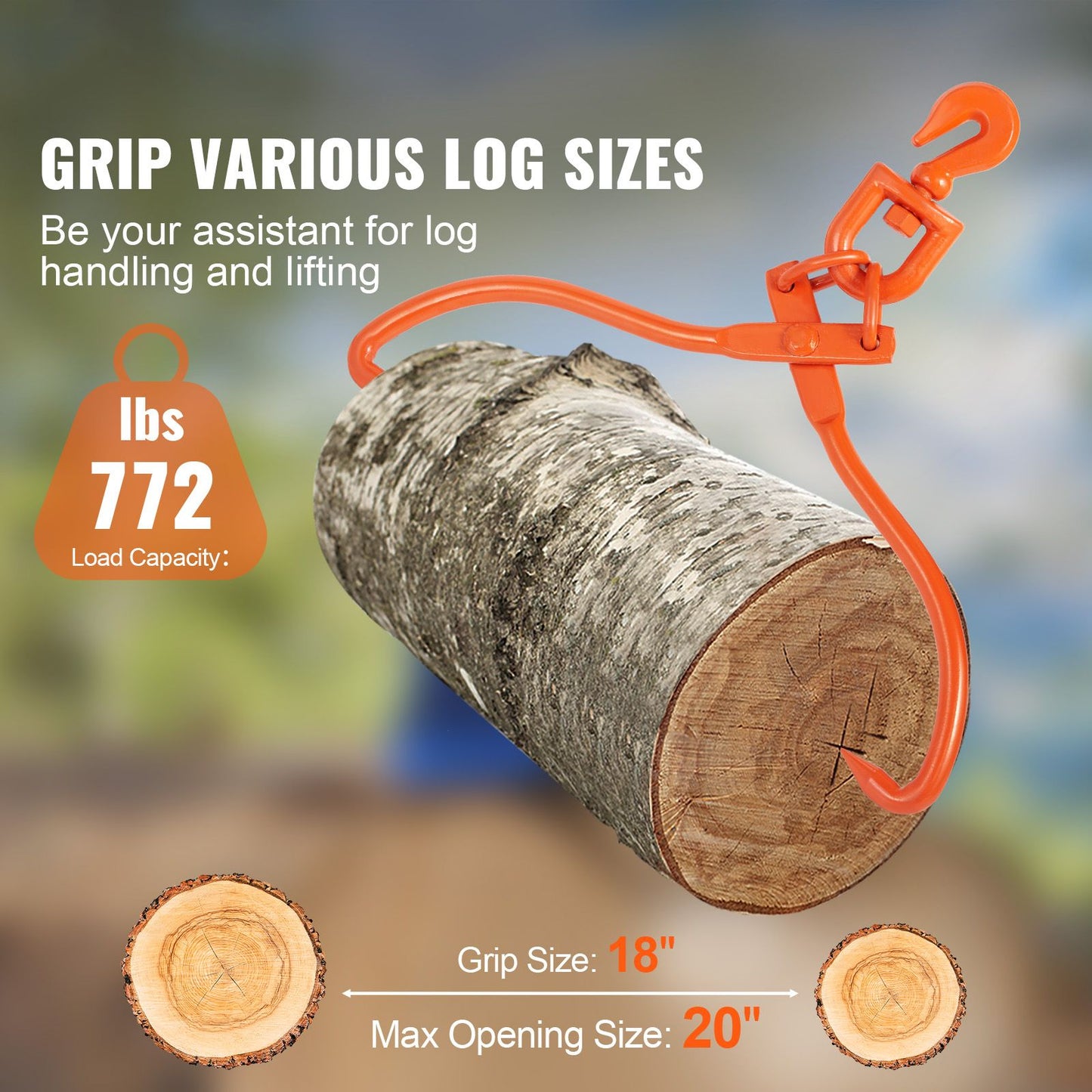 Log Skidding Tongs, 45.7cm 2 Claw Log Lifting Tongs, Heavy Duty Rotating Steel Lumber Skidding Tongs, 350 kg Loading Capacity, Log Lifting, Handling, Dragging & Carrying Tool