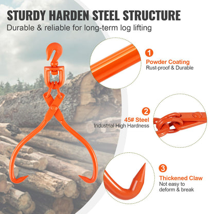Log Skidding Tongs, 45.7cm 2 Claw Log Lifting Tongs, Heavy Duty Rotating Steel Lumber Skidding Tongs, 350 kg Loading Capacity, Log Lifting, Handling, Dragging & Carrying Tool
