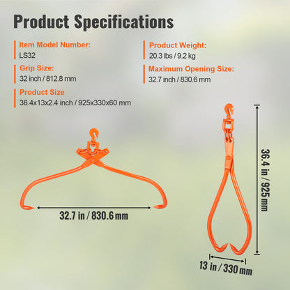 Log Skidding Tongs, 81.3cm 2 Claw Log Lifting Tongs, Heavy Duty Rotating Steel Lumber Skidding Tongs, 700 kg Loading Capacity, Log Lifting, Handling, Dragging & Carrying Tool