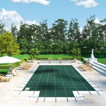 Pool Safety Cover Fits 20x40ft Rectangle Inground Safety Pool Cover Green Mesh with 4x8ft Center End Steps Solid Pool Safety Cover for Swimming Pool Winter Safety Cover