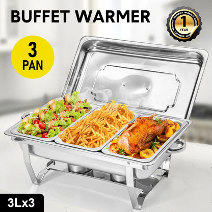 Alston 3LX3 Chafing Dish Set, Premium 410 Stainless Steel Buffet Warmer, Bain Marie Food Server with Fuel Holders & Lid, Stackable Catering Equipment for Hotels, Parties, Weddings & Banquets, Silver