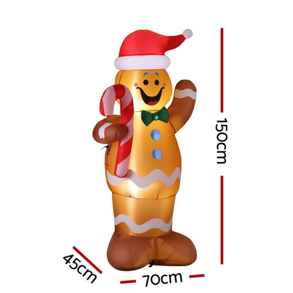 Jingle Jollys Christmas Inflatable Gingerbread Man 1.5M Height LED Decorations Illuminated