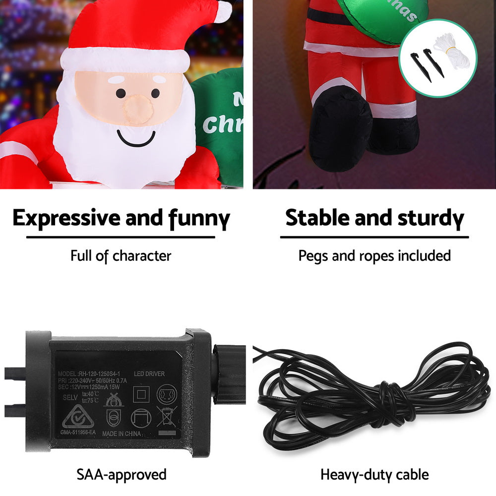 Jingle Jollys Christmas Inflatable Climbing Santa 2.5M Height LED Decorations Illuminated