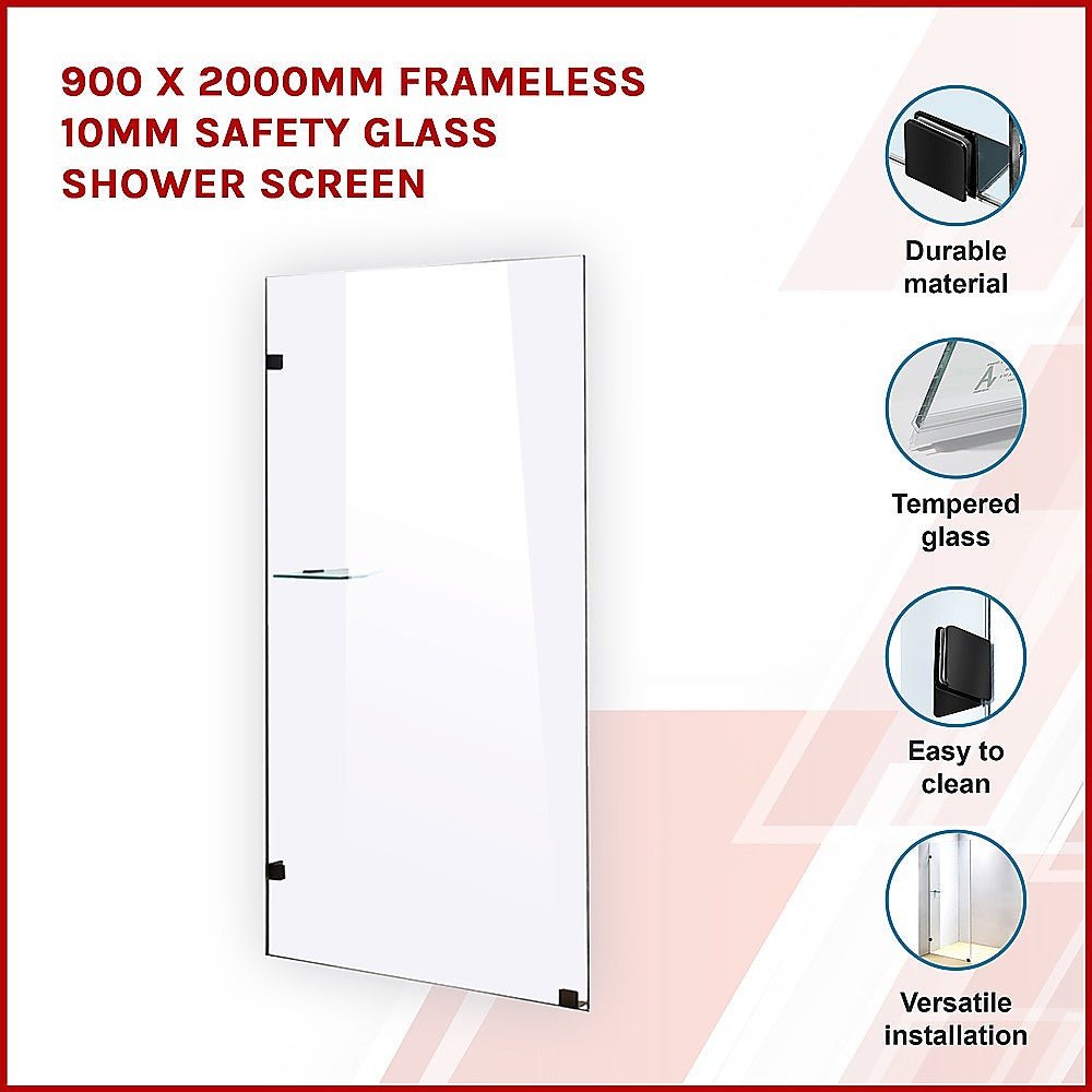 900 x 2000mm Frameless 10mm Safety Glass Shower Screen