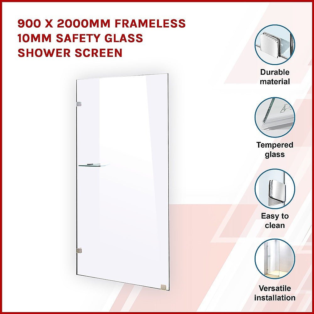 900 x 2000mm Frameless 10mm Safety Glass Shower Screen