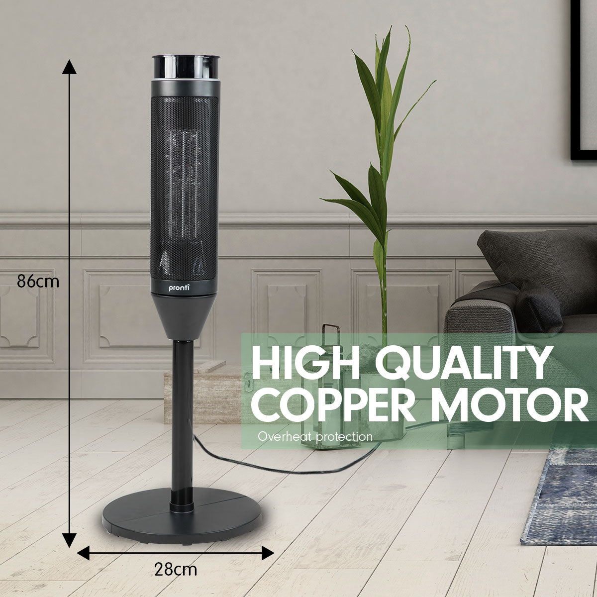 Pronti Electric Tower Heater 2000W Ceramic Portable Remote - Black