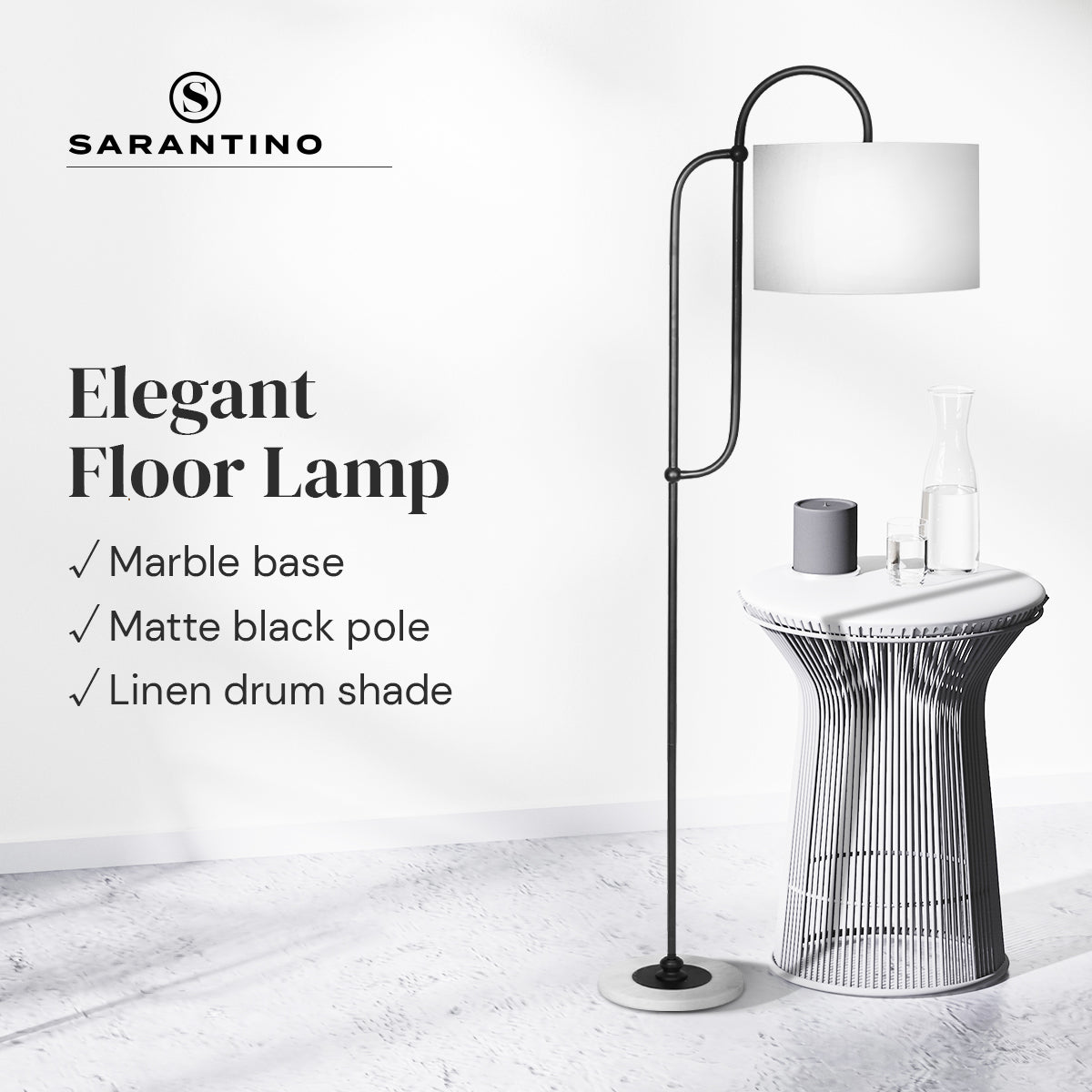 Sarantino Metal Floor Lamp with Marble Base & Off-White Shade