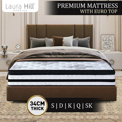 Laura Hill Double Mattress Bed Size Euro Top 5 Zone Spring Foam 34cm Bedding Pocket