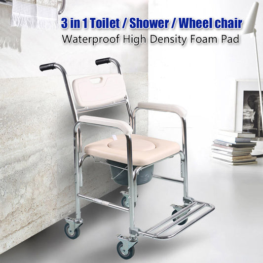 3-in-1 Mobile Rolling Chair Wheelchair Commode Bedside Toilet Chair Shower Chair